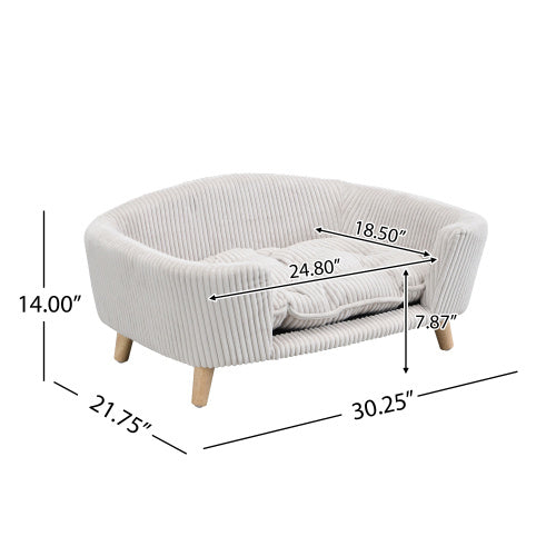 Elevated Dog Bed Frame For Small Dog, Corduroy Pet Couch Bed With Rubber Wood Legs And Supportive Foam, Beige, Easy Assembly