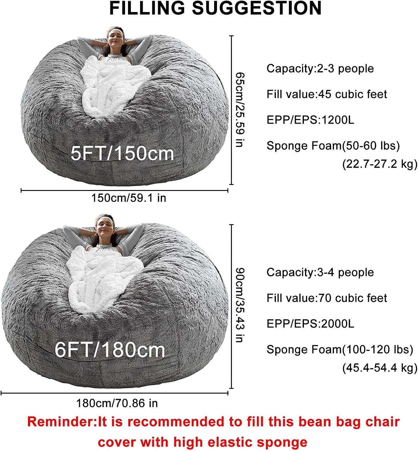 Bag Chair Coverit Was Only A Cover, Not A Full Bean BagChair Cushion, Big Round Soft Fluffy PV Velvet Sofa Bed Cover, Living Room Furniture, Lazy Sofa Bed Cover,6ft Dark Grey