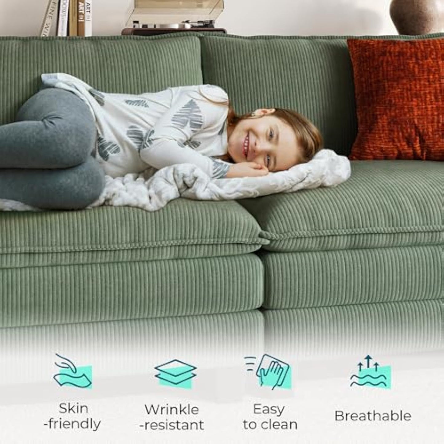 LINSY HOME Modular Sectional Sofa - 123'' Oversized Corduroy Cloud Couch U Shaped Couch with Movable Ottoman Soft Modern Comfy Sofa Set for Living Room Apartment Office (Green, 3-Seat & 1-Ottoman)