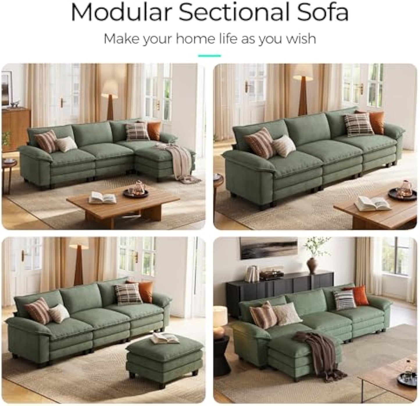 LINSY HOME Modular Sectional Sofa - 123'' Oversized Corduroy Cloud Couch U Shaped Couch with Movable Ottoman Soft Modern Comfy Sofa Set for Living Room Apartment Office (Green, 3-Seat & 1-Ottoman)