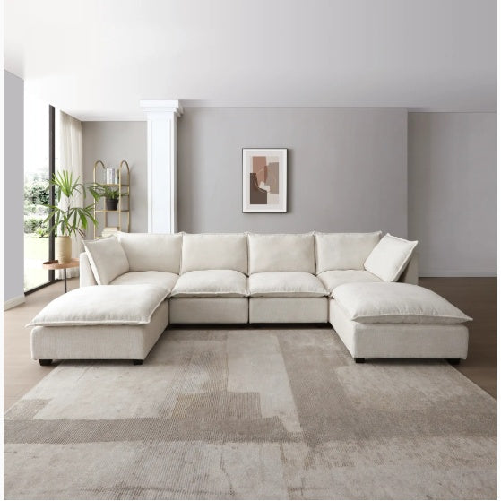 130 Inch Modular Sectional Sofa, Linen Fabric Couch Set With Convertible Ottoman,U Shaped Sofa,comfortable,Freely Combinable Sofa For Living Room, Apartment, Office,Blue, 3 Colors BE