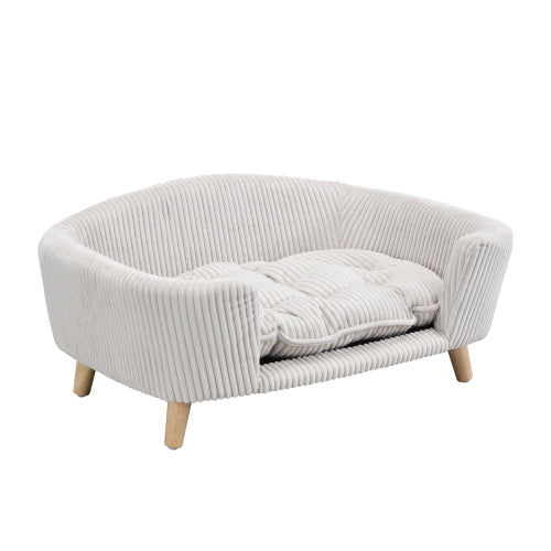 Elevated Dog Bed Frame For Small Dog, Corduroy Pet Couch Bed With Rubber Wood Legs And Supportive Foam, Beige, Easy Assembly