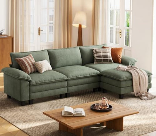 LINSY HOME Modular Sectional Sofa - 123'' Oversized Corduroy Cloud Couch U Shaped Couch with Movable Ottoman Soft Modern Comfy Sofa Set for Living Room Apartment Office (Green, 3-Seat & 1-Ottoman)