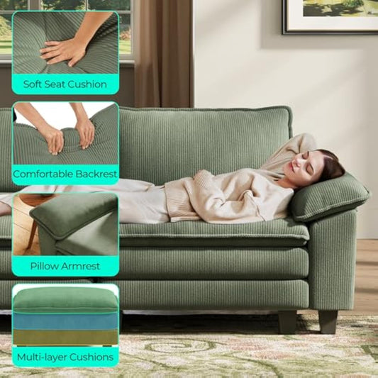 LINSY HOME Modular Sectional Sofa - 123'' Oversized Corduroy Cloud Couch U Shaped Couch with Movable Ottoman Soft Modern Comfy Sofa Set for Living Room Apartment Office (Green, 3-Seat & 1-Ottoman)